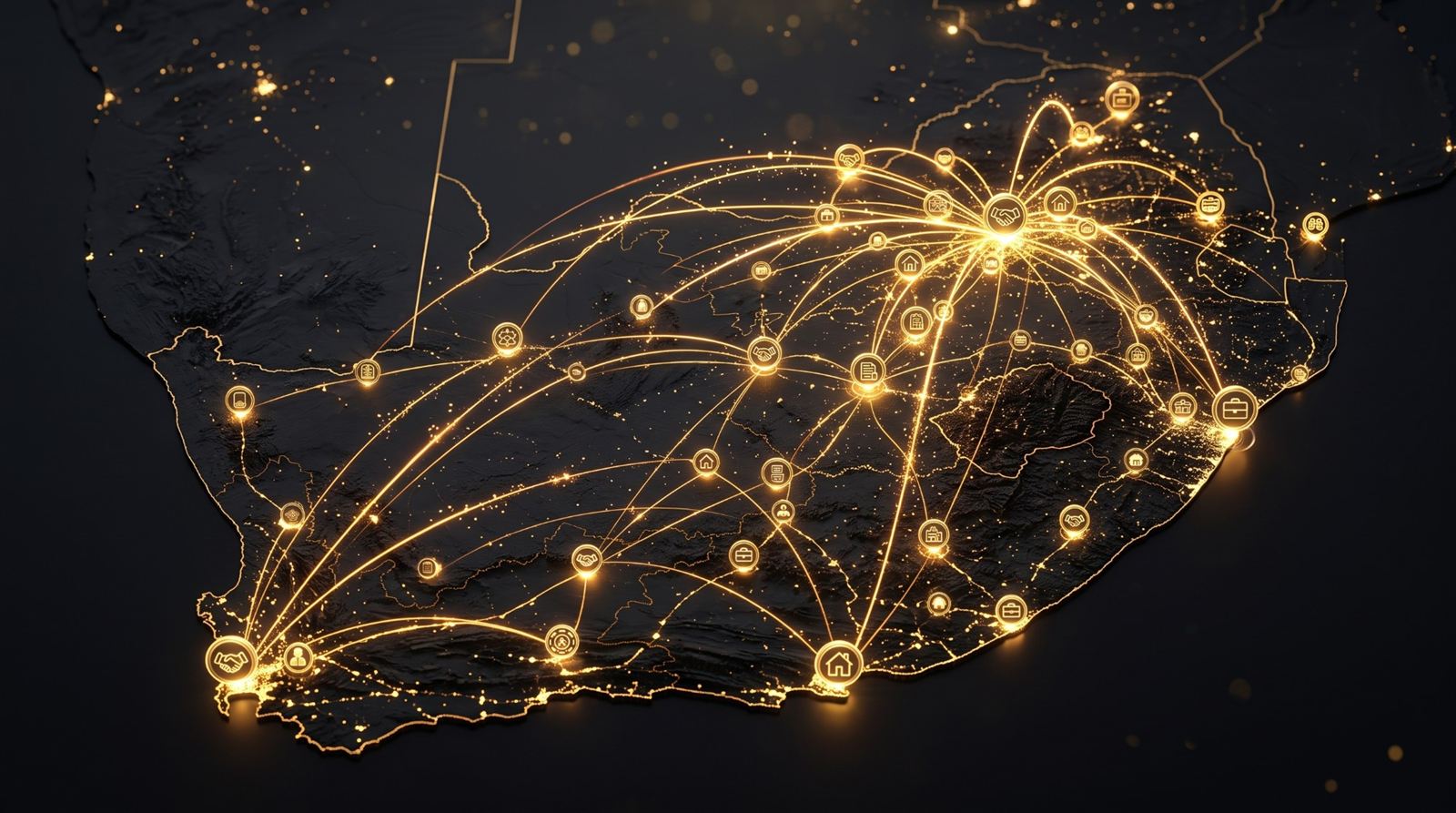 A map of South Africa at night, with gold lines linking businesses across the country